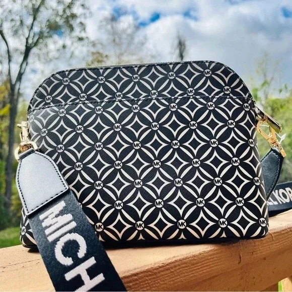 Michael Kors Cindy Dome Crossbody Bag Black White Logo Print Web Strap NWT - Picture 4 of 6